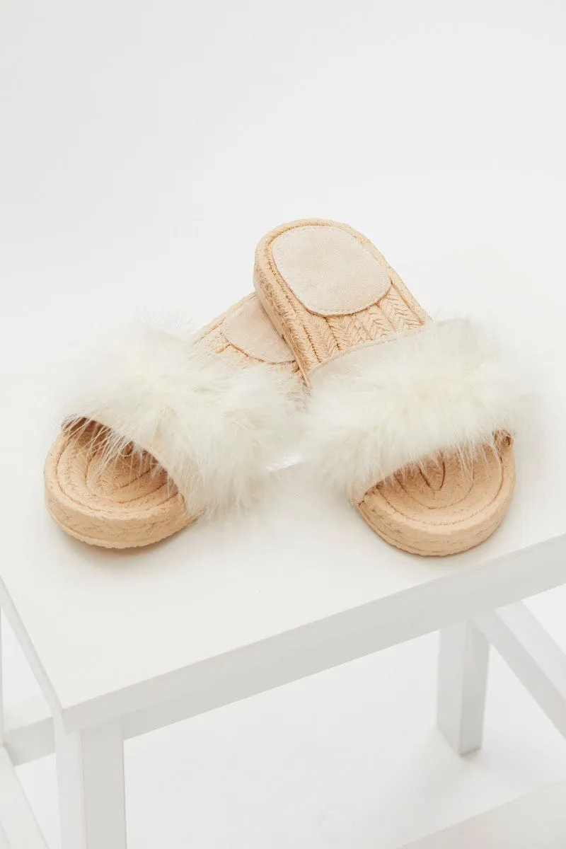 Beige Faux Fur Fluffy Flat Slides