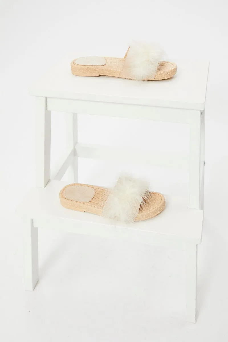 Beige Faux Fur Fluffy Flat Slides