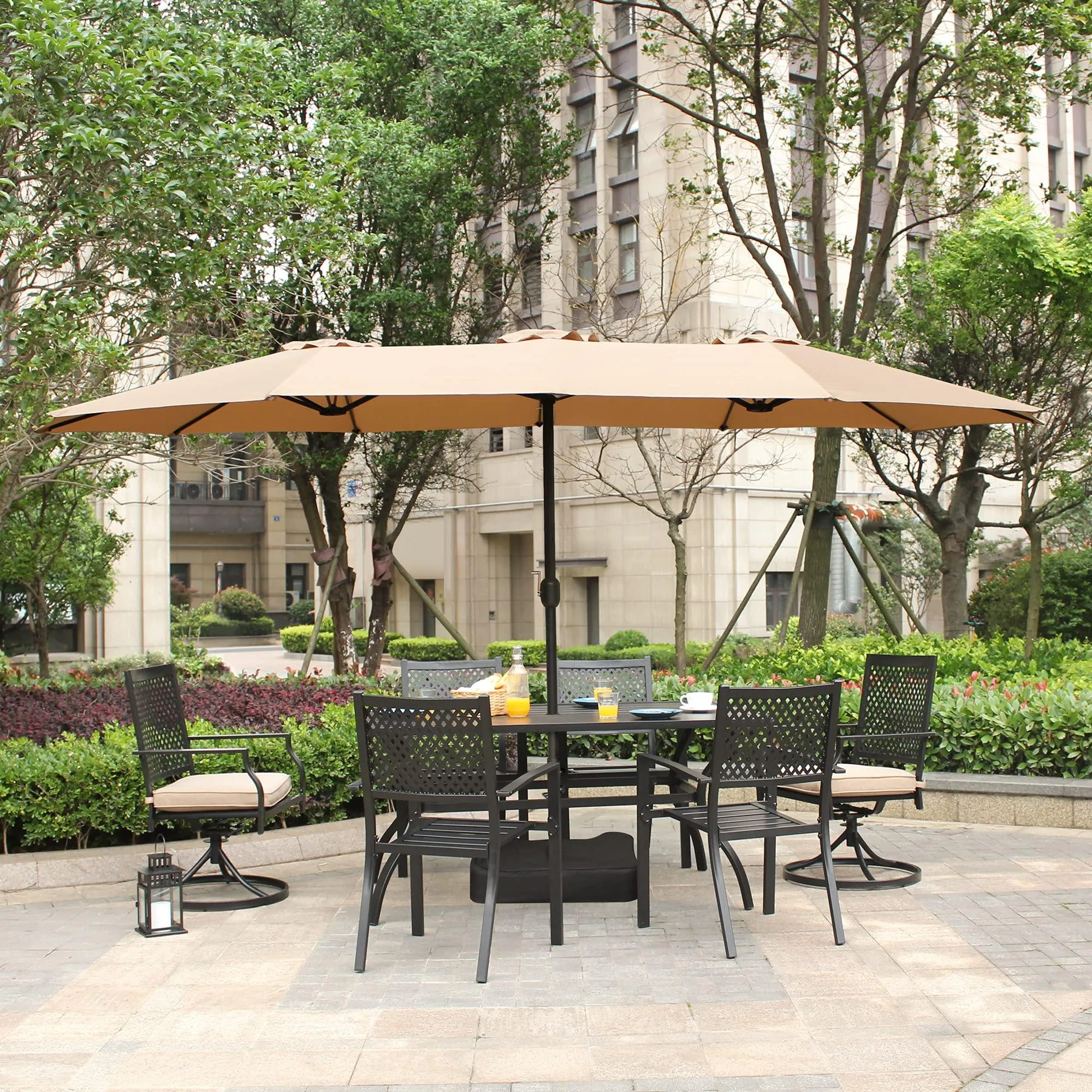 Bigroof 15ft Double-Sided Patio Umbrella Twin Extra Large Umbrella with Crank Handle & Umbrella Base