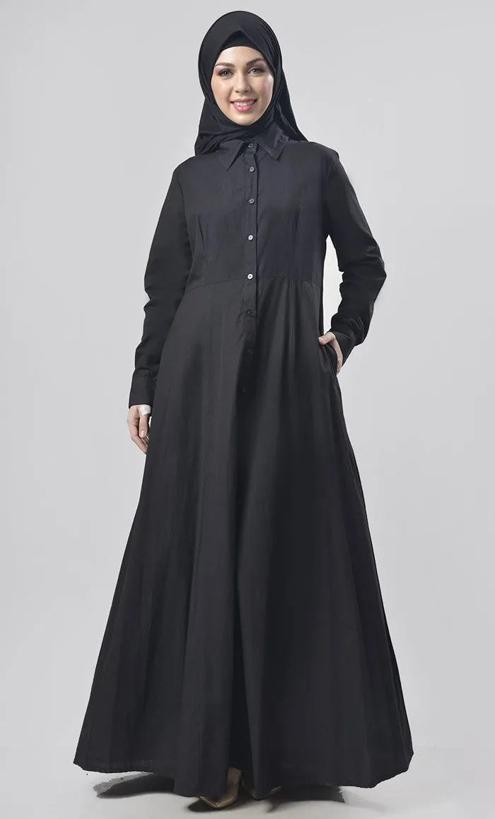 Black Flared Front Open Button Down Abaya