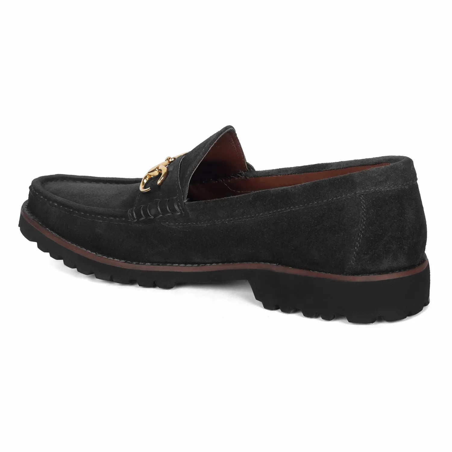 Black Suede Chunky Sole Leather Loafers With Horse-bit Buckle