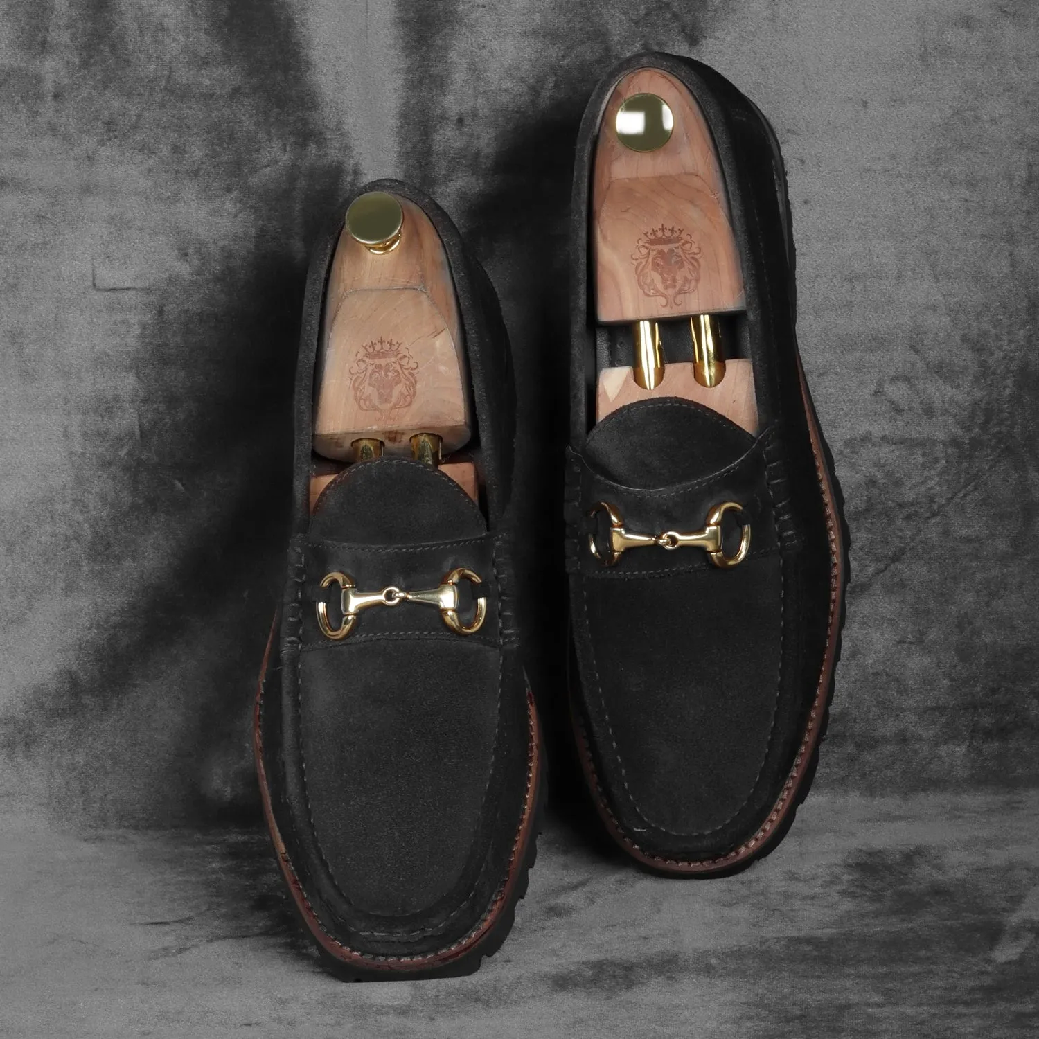 Black Suede Chunky Sole Leather Loafers With Horse-bit Buckle