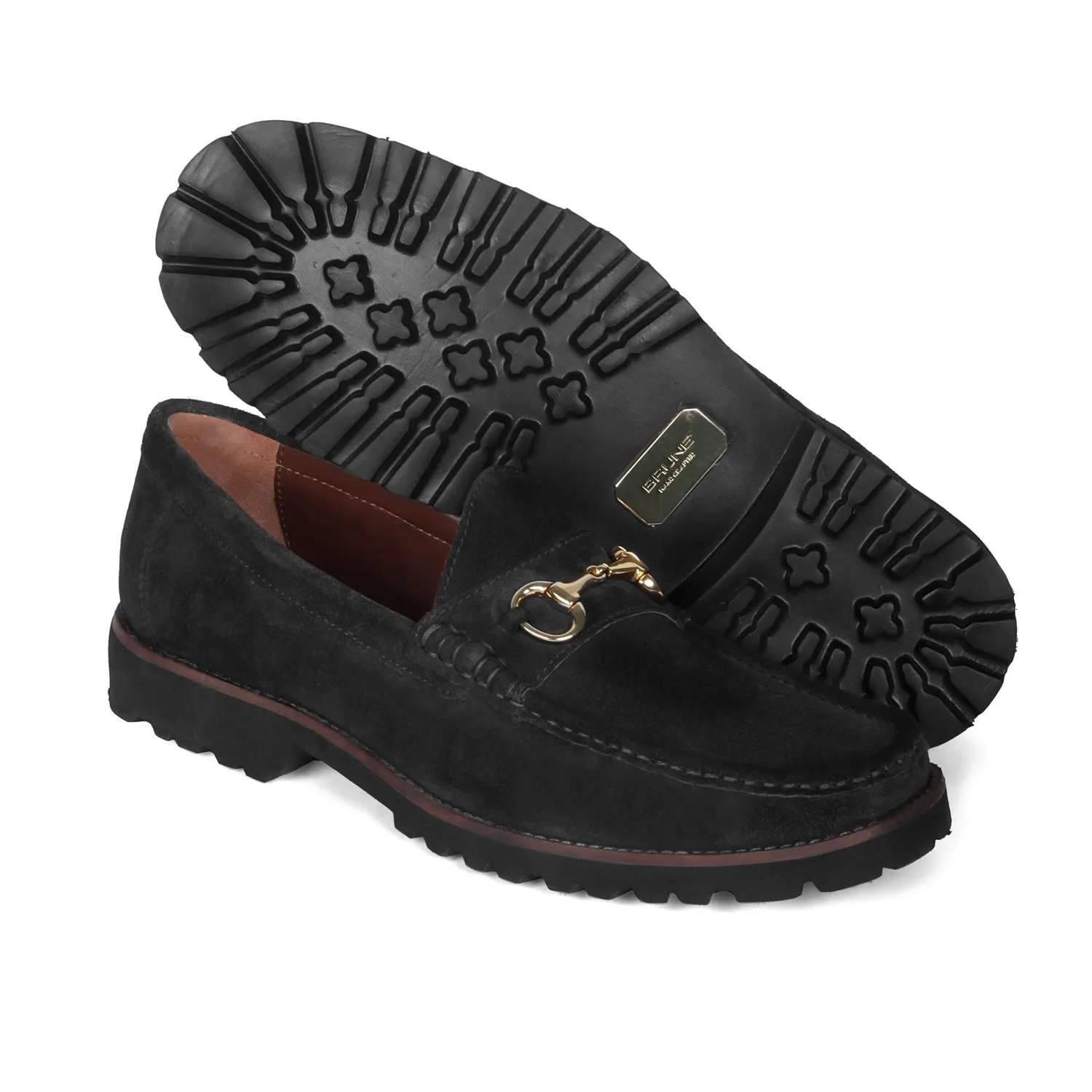 Black Suede Chunky Sole Leather Loafers With Horse-bit Buckle