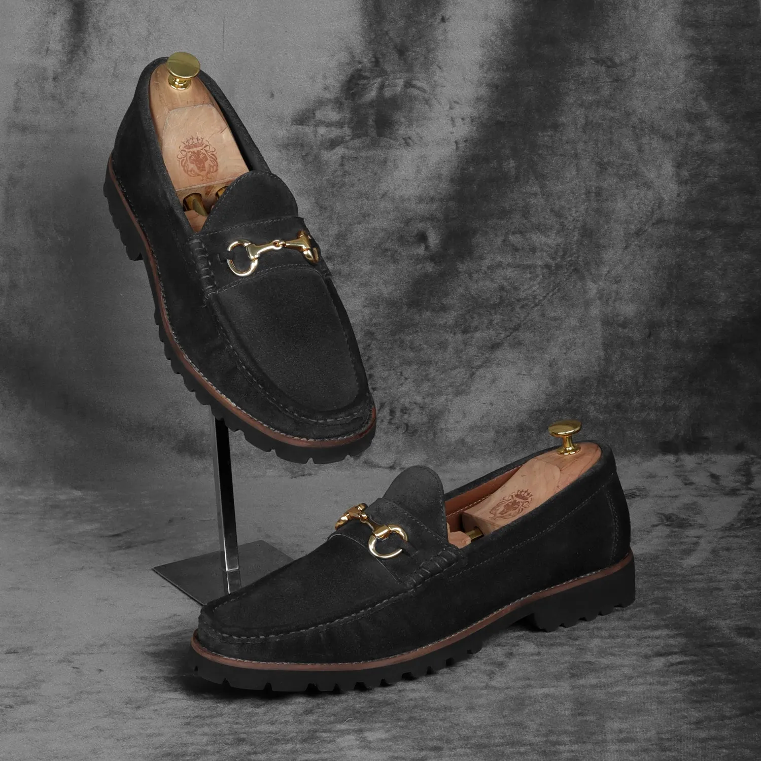 Black Suede Chunky Sole Leather Loafers With Horse-bit Buckle