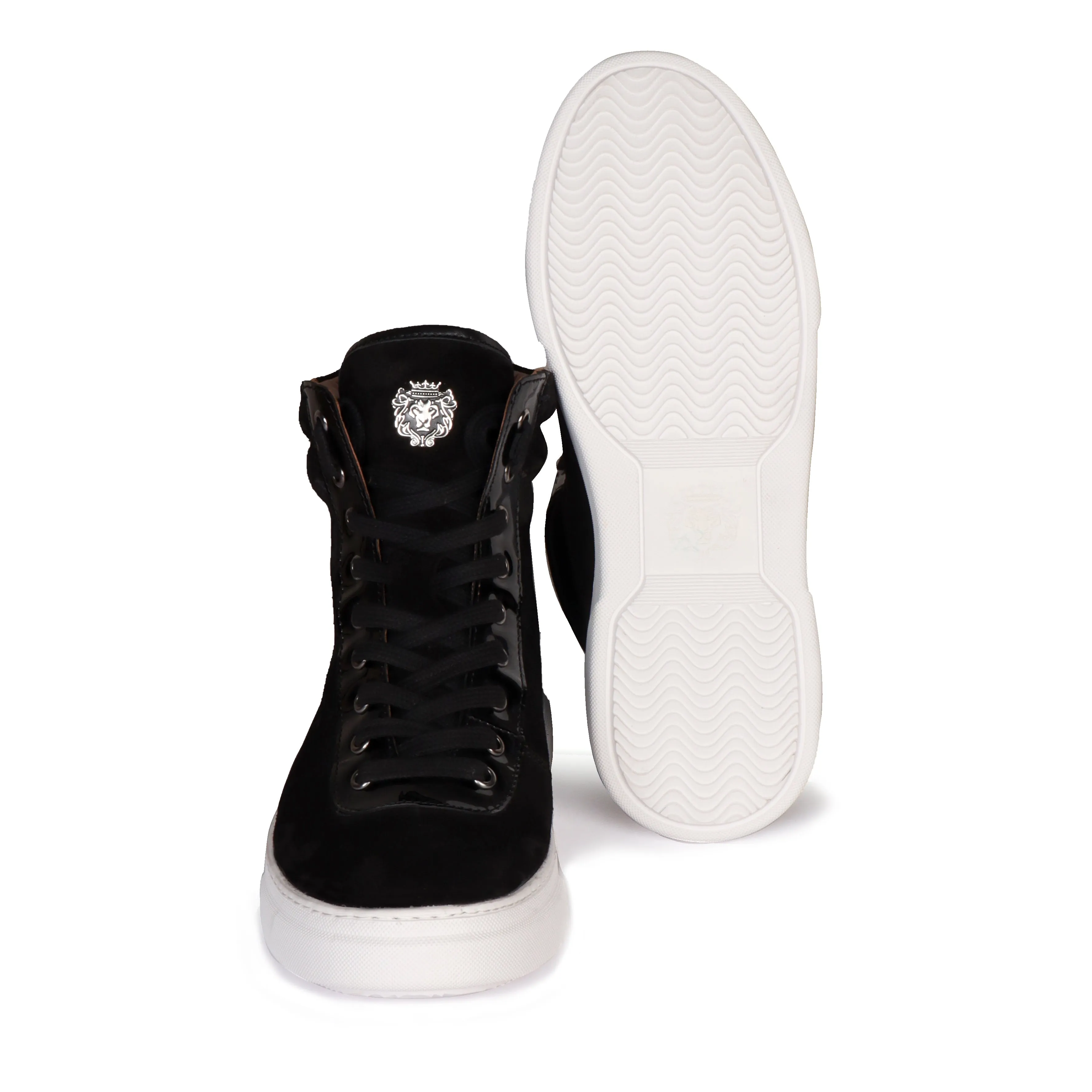 Black Suede Leather With Contrasting Patent Detailing Mid Top Lace-Up Sneakers by Brune & Bareskin