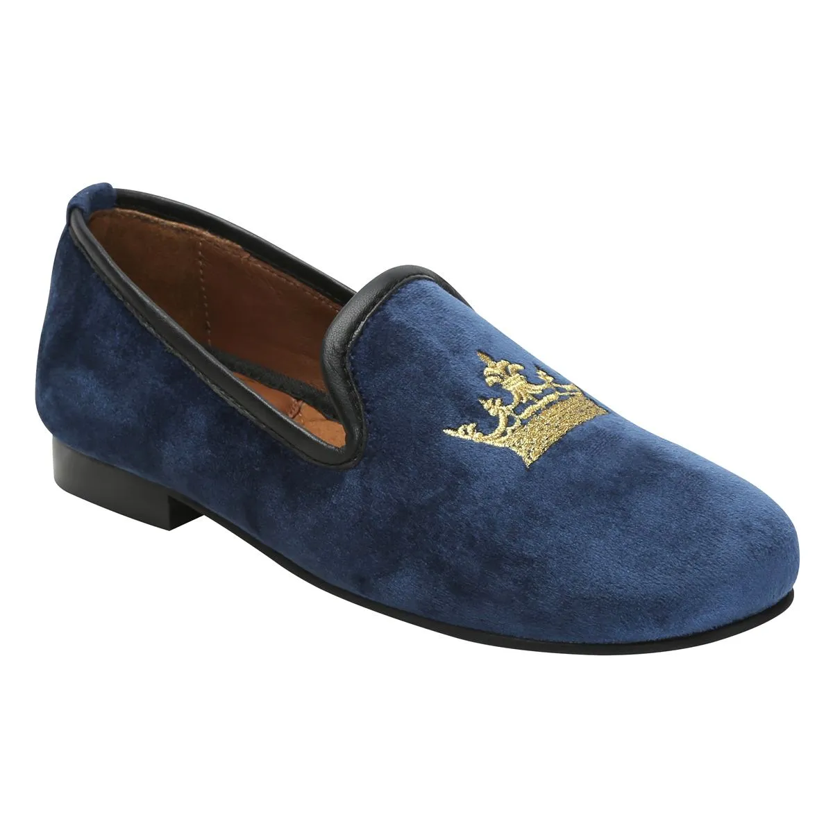 Blue Velvet Slip-Ons With Golden Crown Embroidery For Women