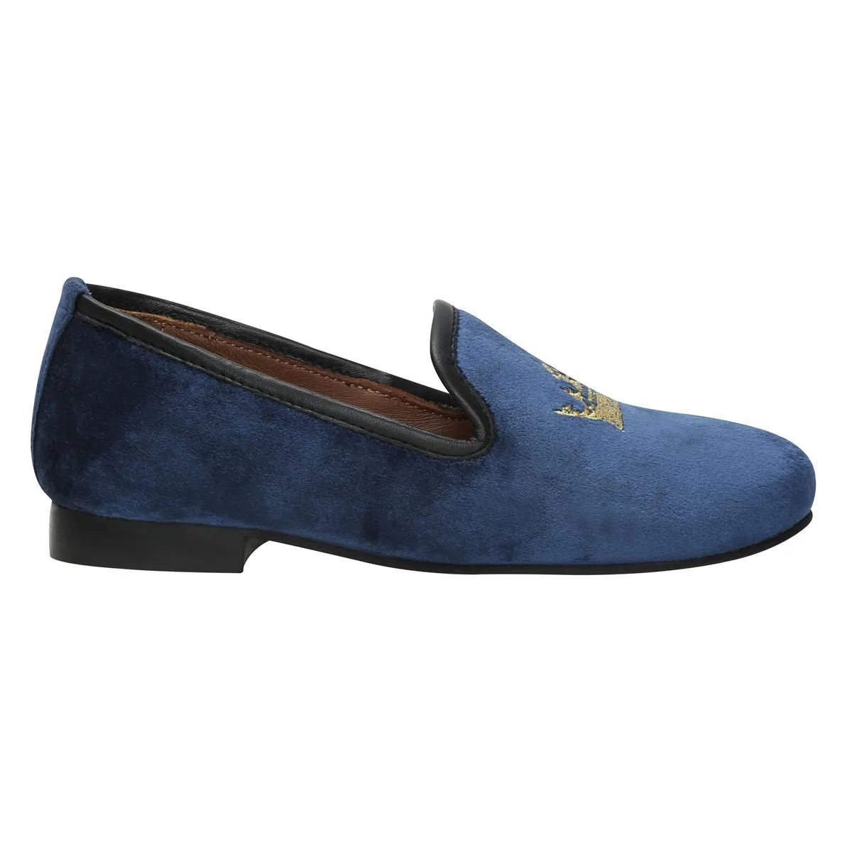 Blue Velvet Slip-Ons With Golden Crown Embroidery For Women