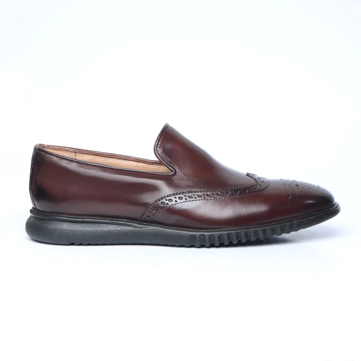 Brown Burnished Leather Wingtip Light Weight Loafers By Brune & Bareskin