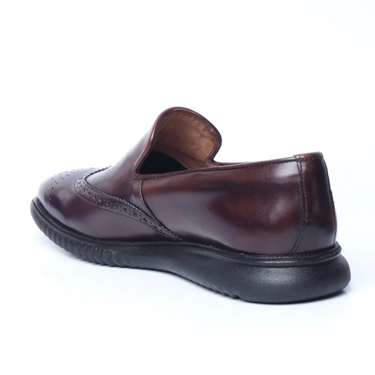 Brown Burnished Leather Wingtip Light Weight Loafers By Brune & Bareskin