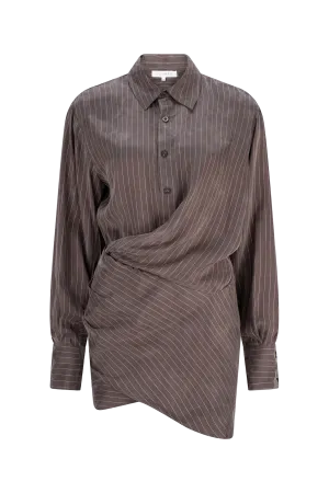 CURAAE Grace Mini Pinstripe Drape Button Down Shirt Dress In Stone