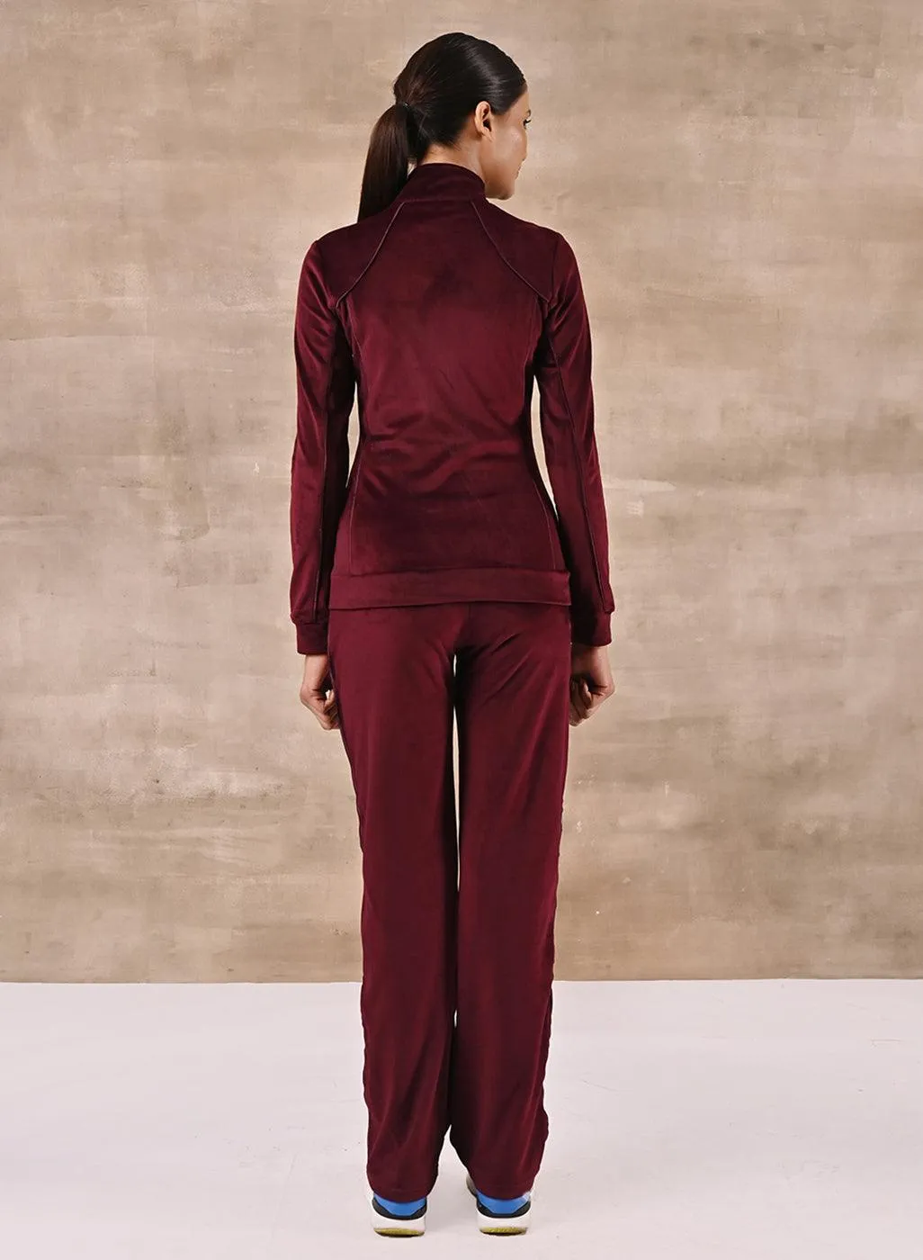 Dark Maroon Paneled High Neck Track Suit