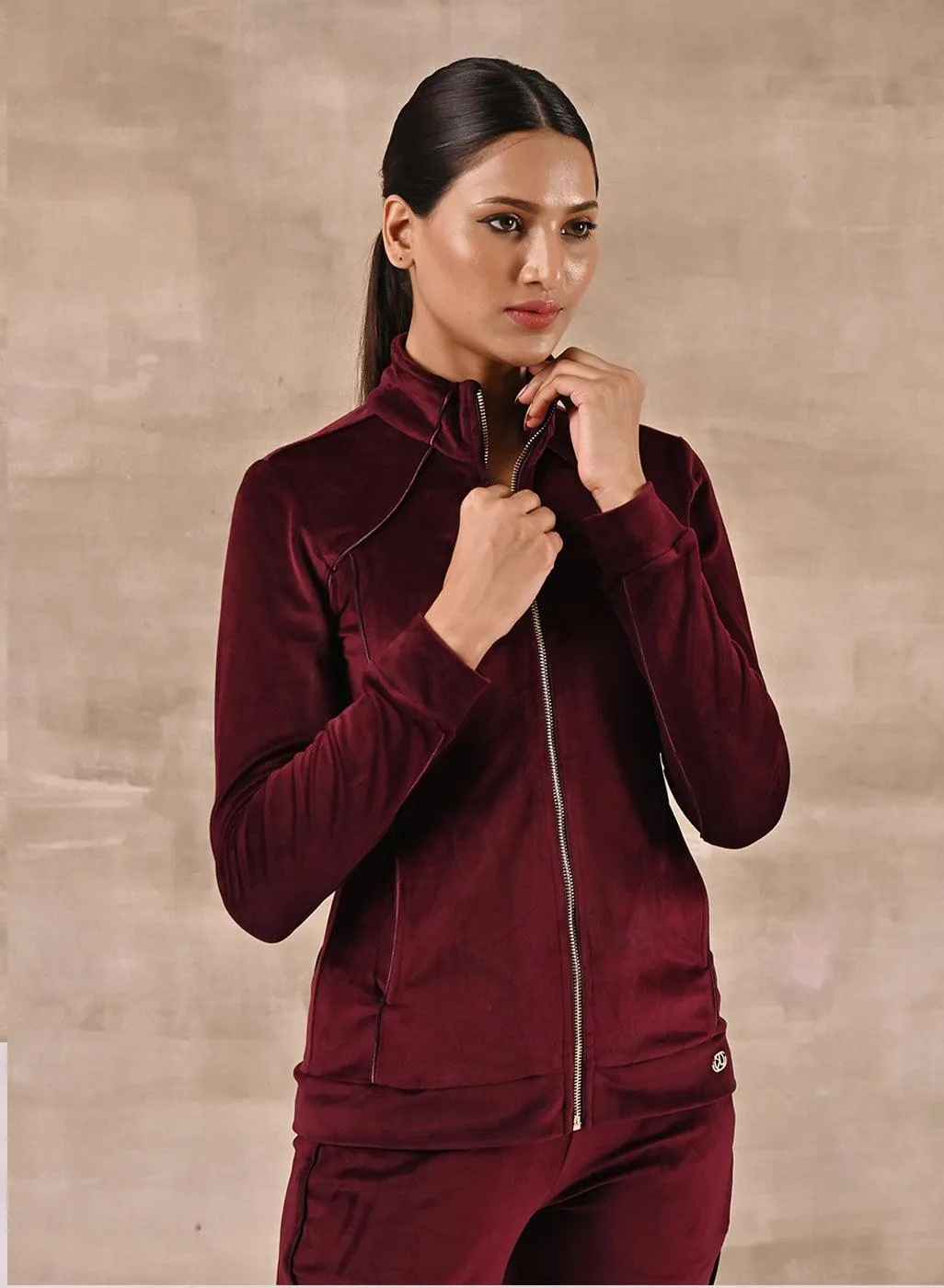 Dark Maroon Paneled High Neck Track Suit