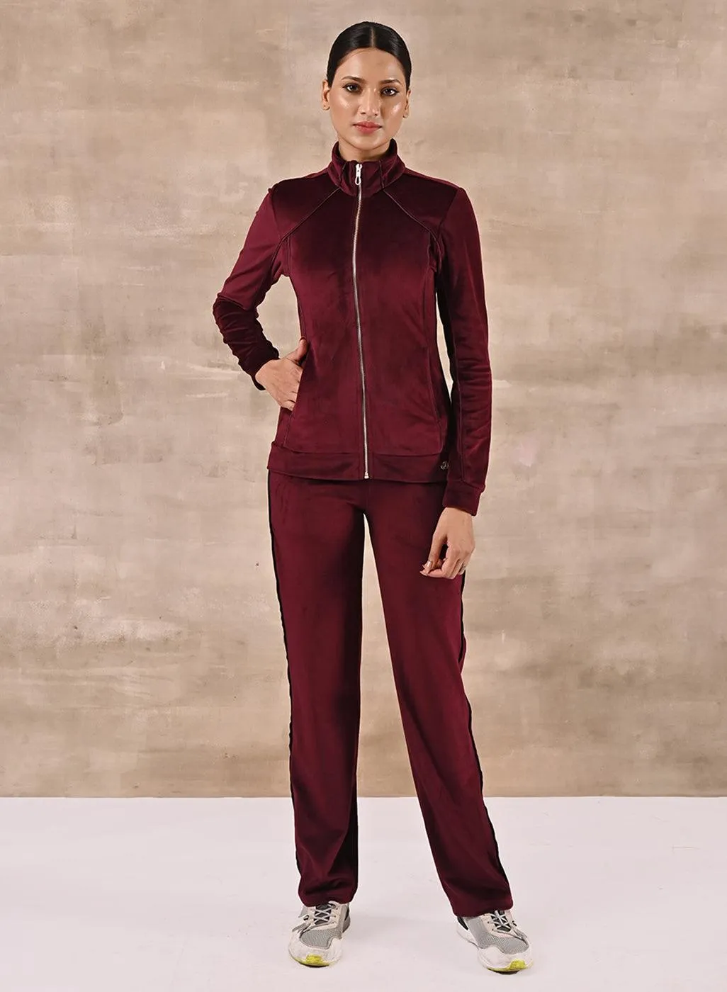 Dark Maroon Paneled High Neck Track Suit