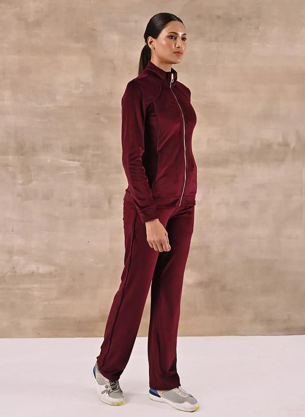 Dark Maroon Paneled High Neck Track Suit