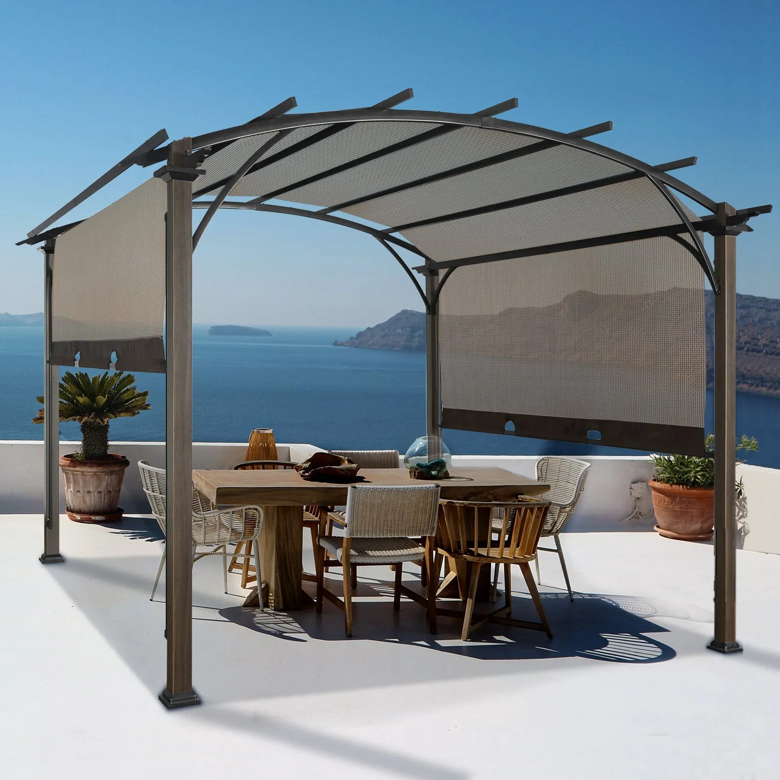 EAGLE PEAK 11.4x11.4 Outdoor Pergola with Retractable Textilene Sun Shade Top