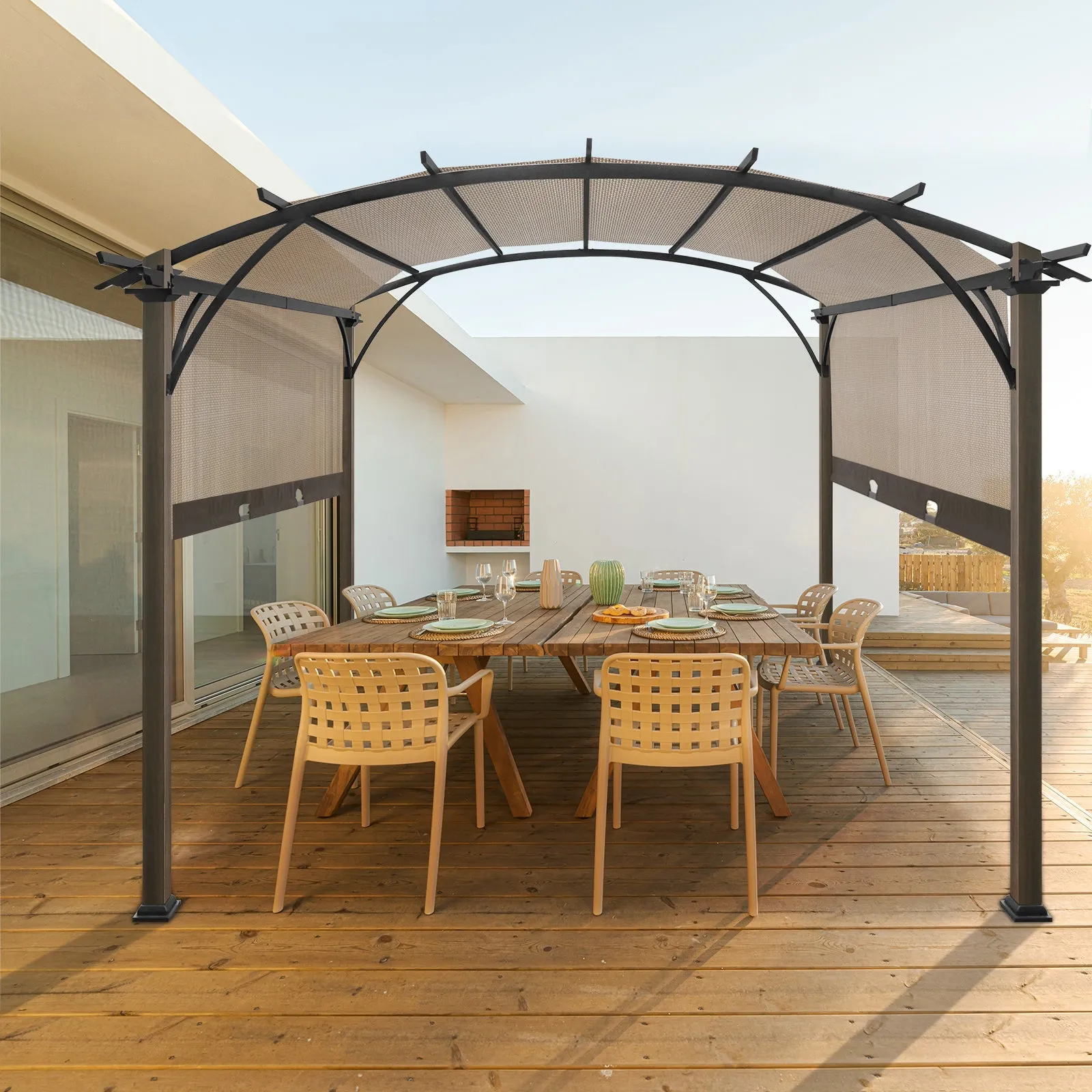 EAGLE PEAK 11.4x11.4 Outdoor Pergola with Retractable Textilene Sun Shade Top