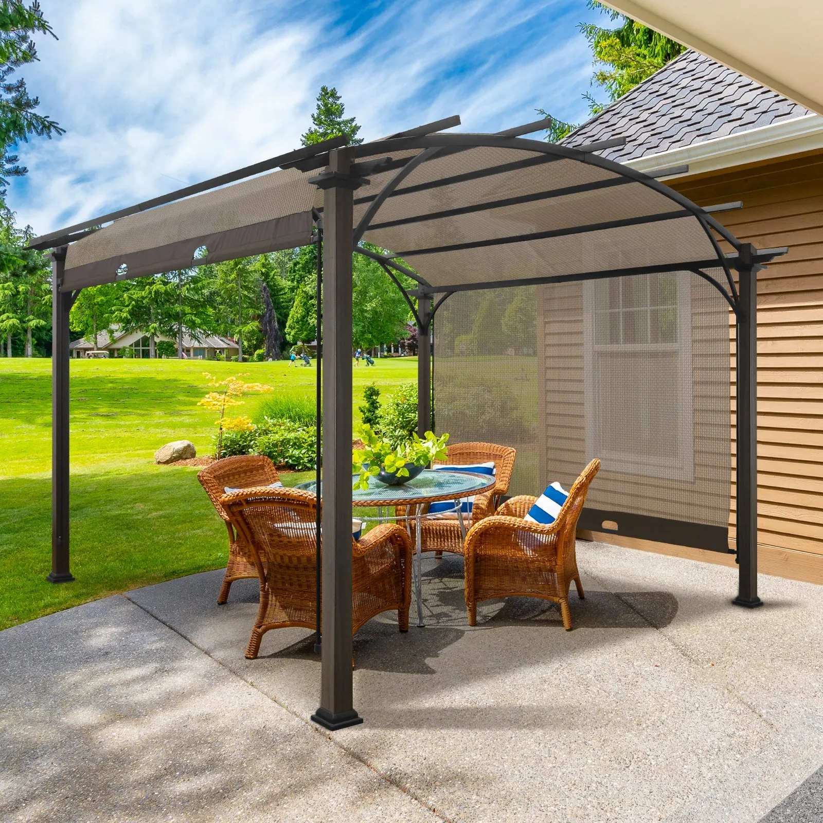 EAGLE PEAK 11.4x11.4 Outdoor Pergola with Retractable Textilene Sun Shade Top