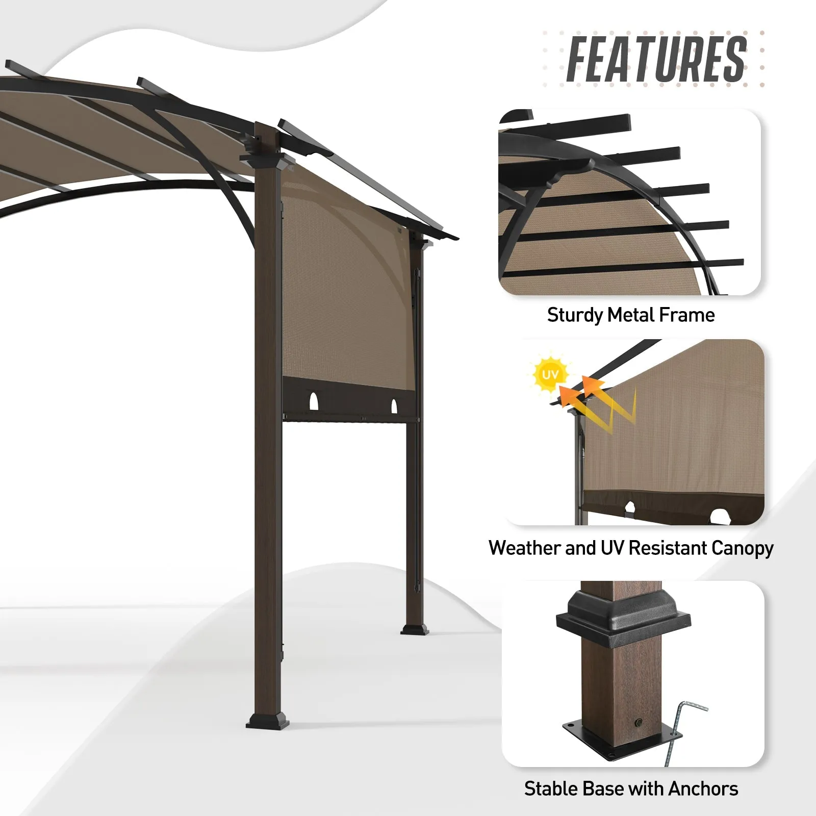 EAGLE PEAK 11.4x11.4 Outdoor Pergola with Retractable Textilene Sun Shade Top