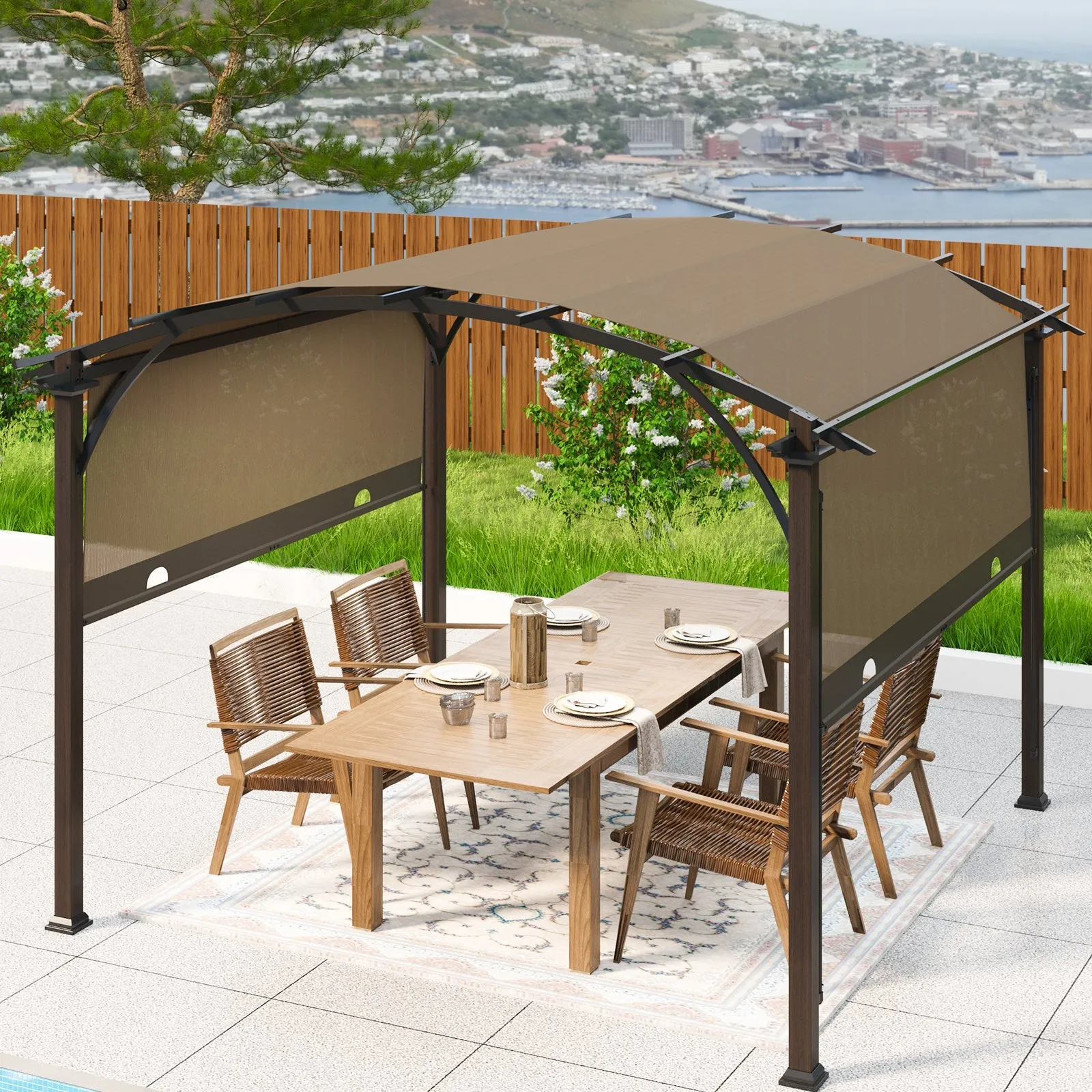 EAGLE PEAK 11.4x11.4 Outdoor Pergola with Retractable Textilene Sun Shade Top