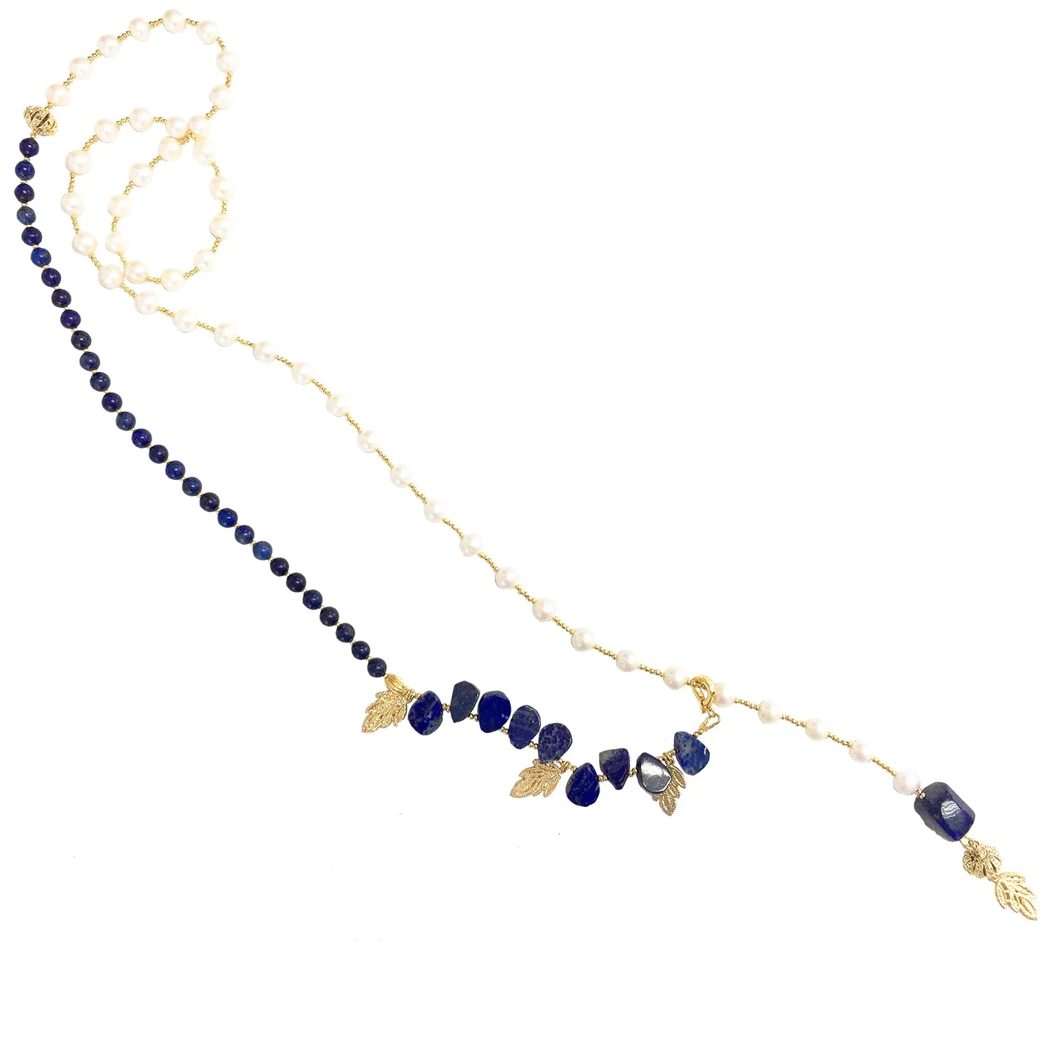 Freshwater Pearls With Lapis Y-Shaped Necklace MN037