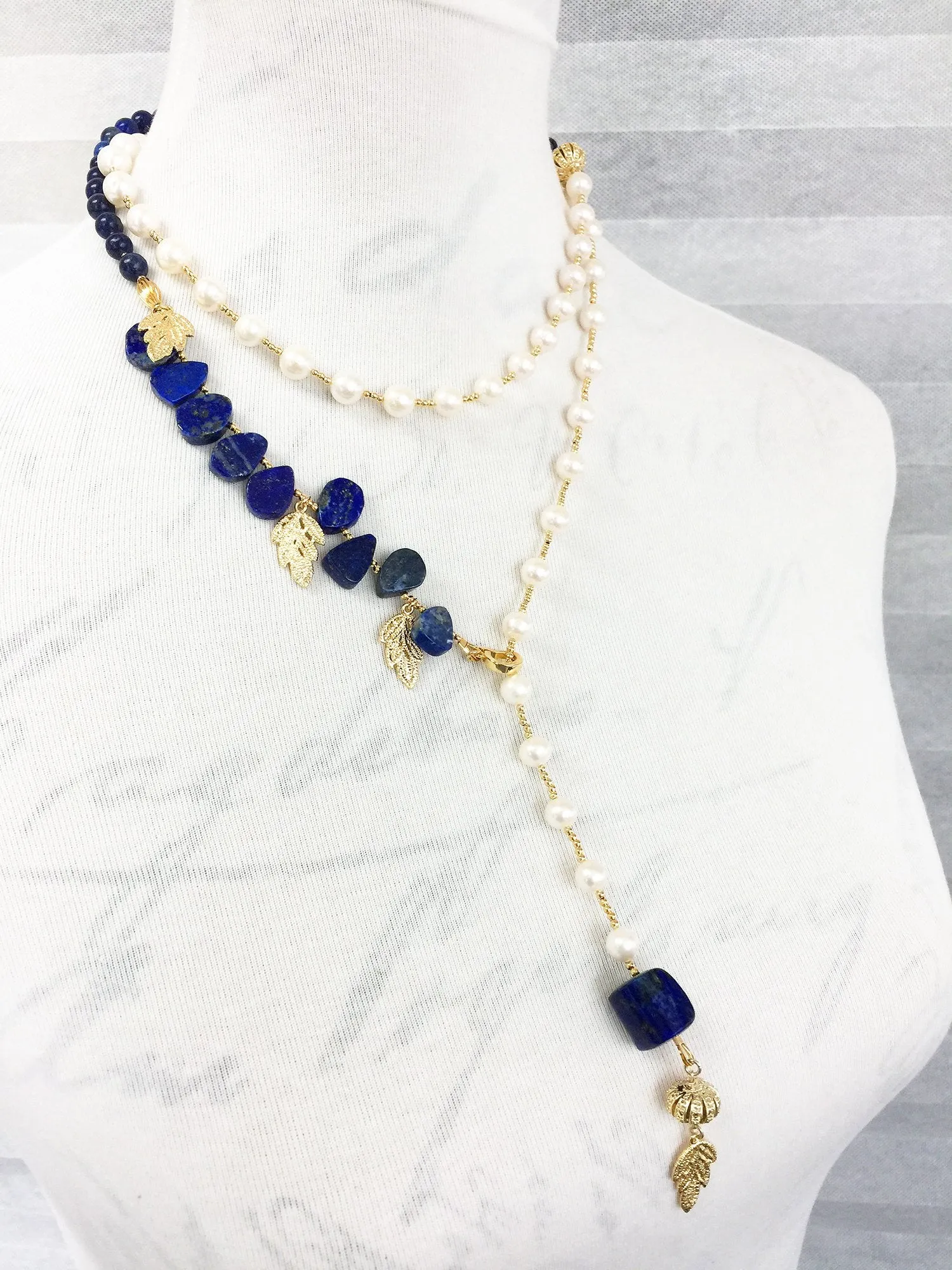 Freshwater Pearls With Lapis Y-Shaped Necklace MN037