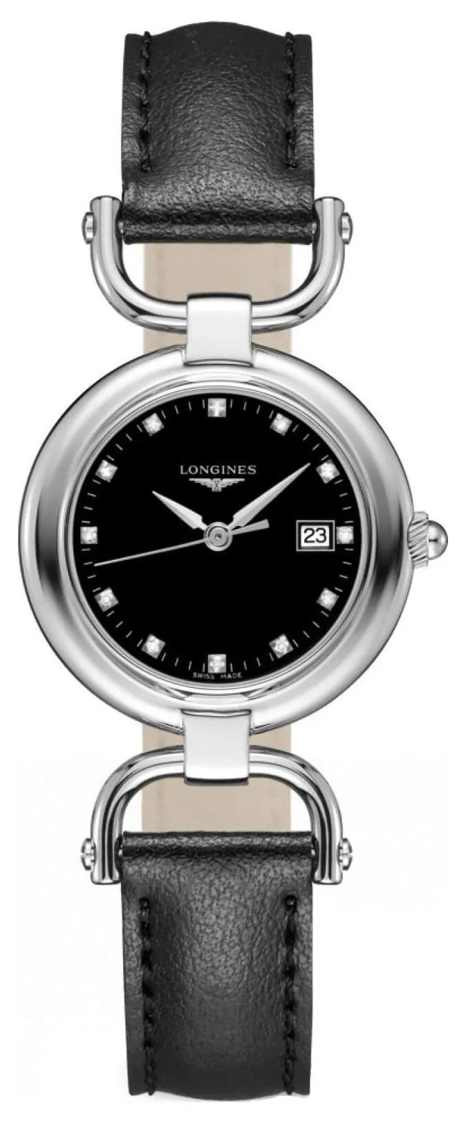 Longines Equestrian Stainless Steel Black Dial Black Leather Strap Diamonds Date Quartz Womens Watch L6.131.4.57.0