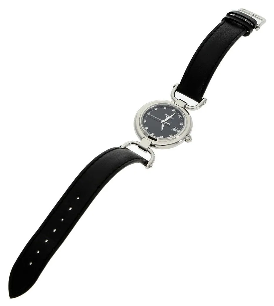 Longines Equestrian Stainless Steel Black Dial Black Leather Strap Diamonds Date Quartz Womens Watch L6.131.4.57.0