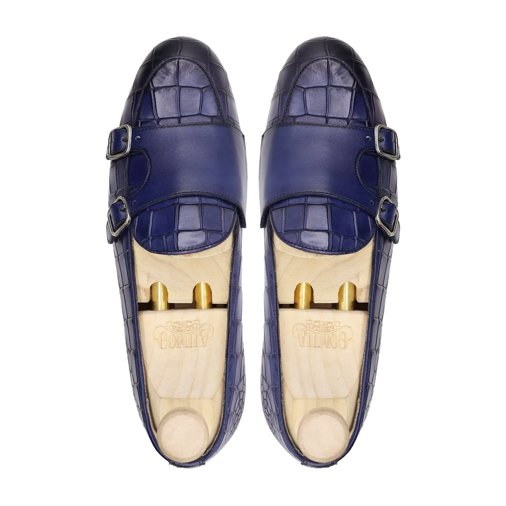 Medellin - Men's Blue Crocodile Printed Leather Double Monkstrap