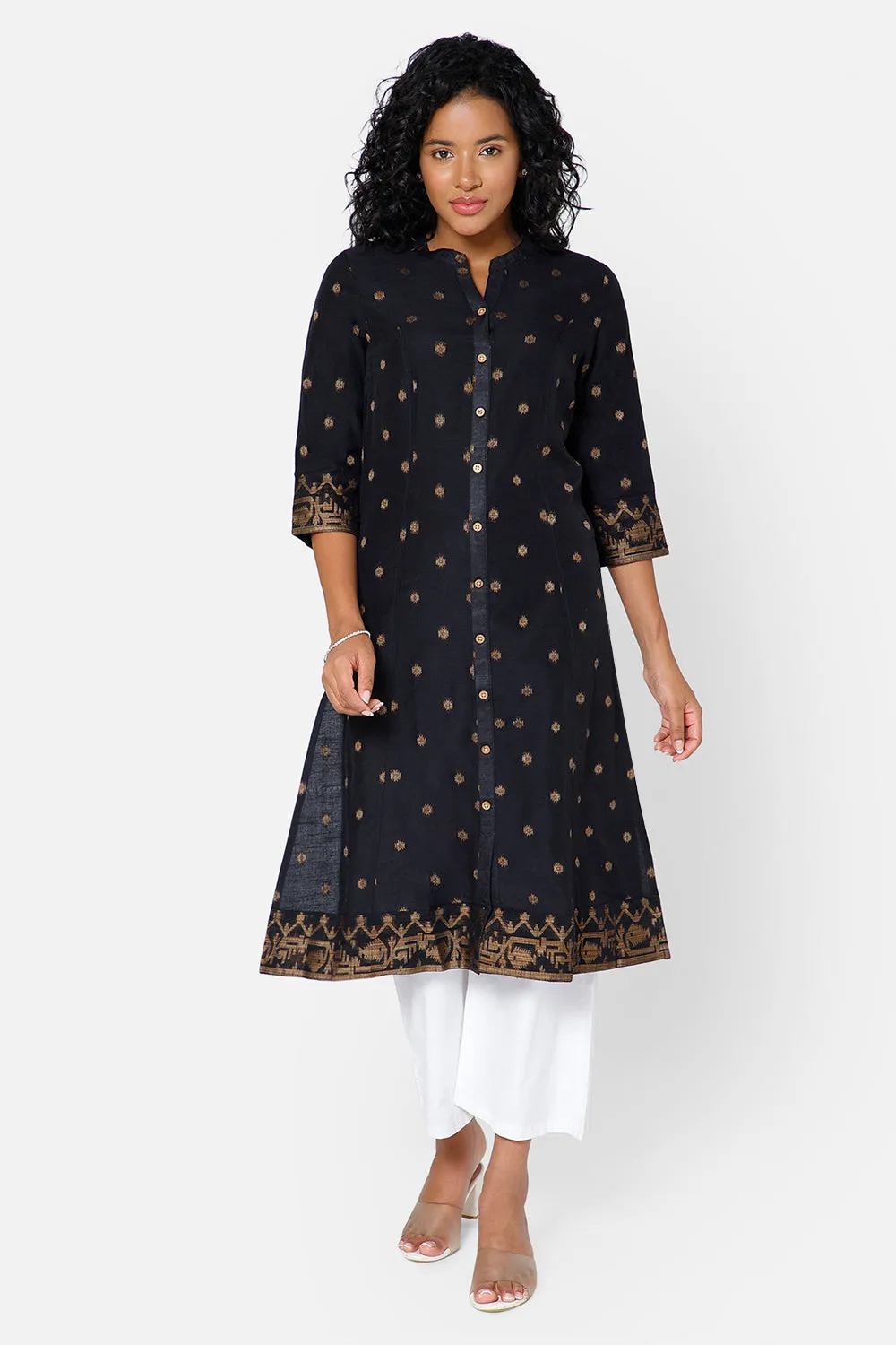 Mythri Women's Casual Kurthi with Mandarin Collar 3/4th Sleeves - Black - KU69