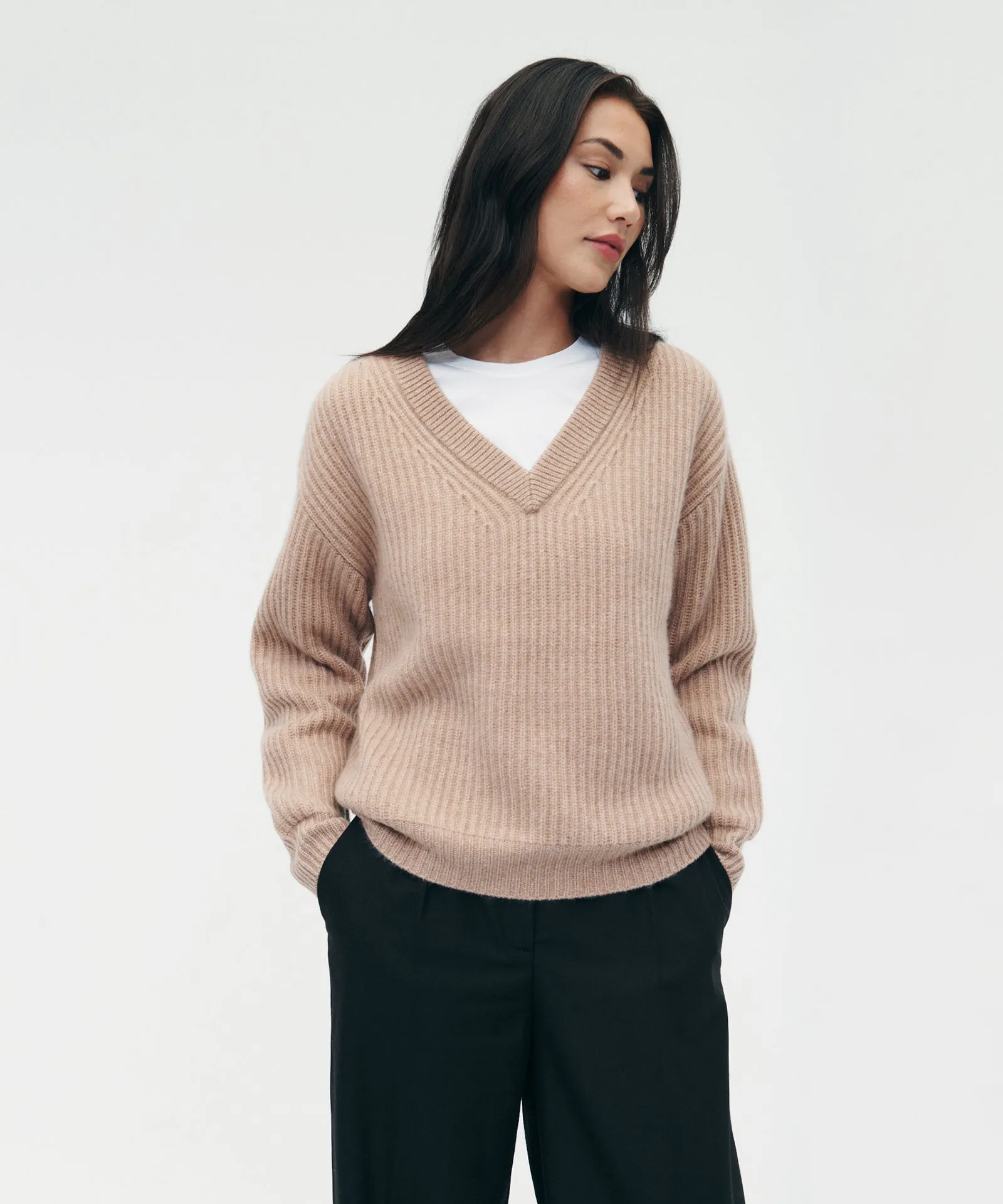 Super Luxe Cashmere Fisherman V-Neck Sweater