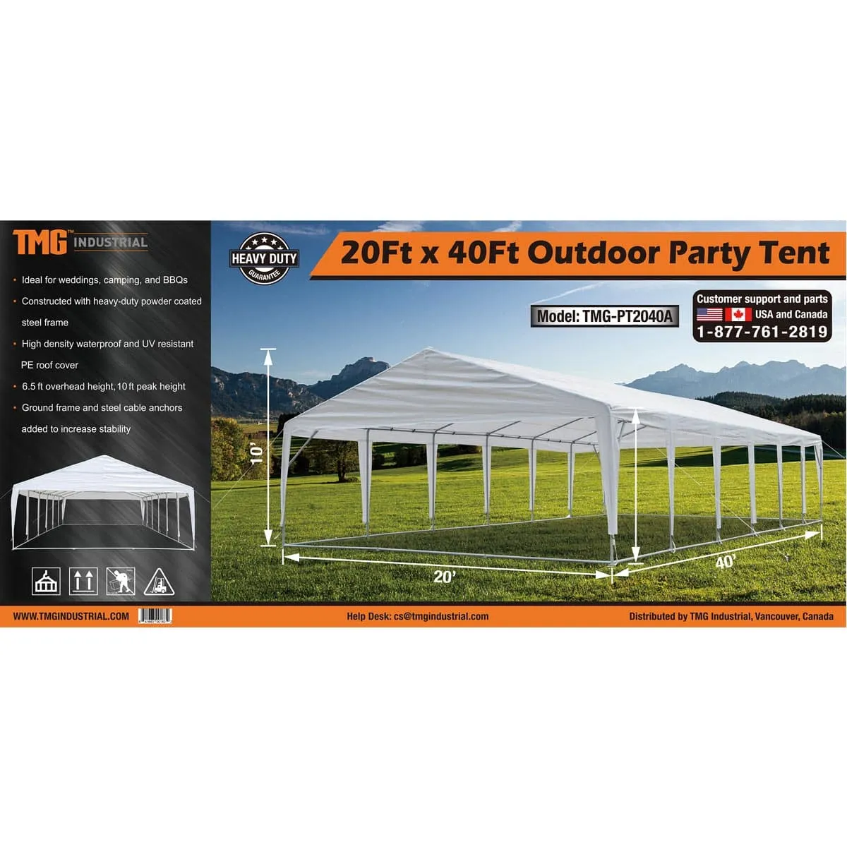 TMG Industrial 20' x 40' Heavy Duty Outdoor Party Tent, PE tarpaulin fabric, 6’6” Overhead, 10’ Peak Ceiling, TMG-PT2040A