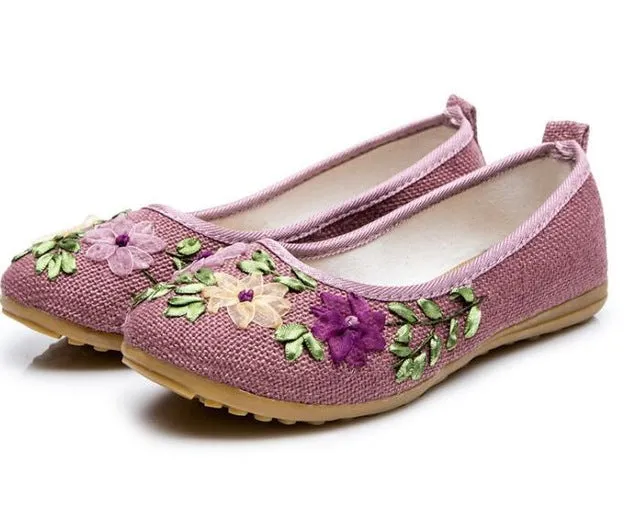 Vintage Embroidered Women Flats Flower Slip On Cotton Fabric Linen Comfortable Old Peking Ballerina Flat Shoes