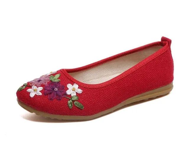 Vintage Embroidered Women Flats Flower Slip On Cotton Fabric Linen Comfortable Old Peking Ballerina Flat Shoes